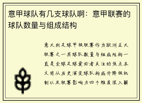 意甲球队有几支球队啊：意甲联赛的球队数量与组成结构